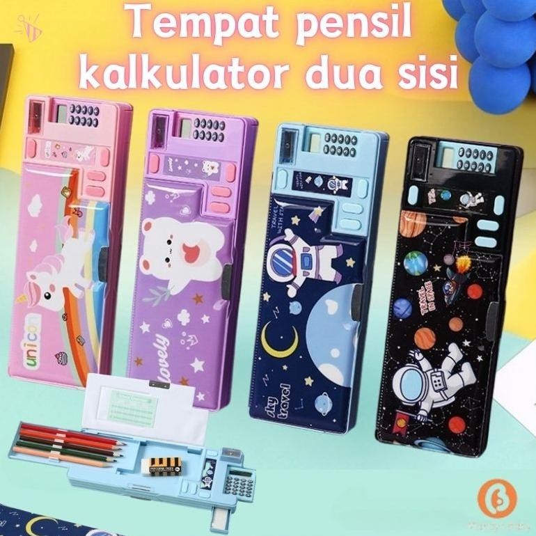 

[Penjual Lokal] Kotak pensil kartun dua sisi dengan kalkulator dan rautan pensil / kotak pensil multifungsi kotak pensil tombol mekanis pop-up
