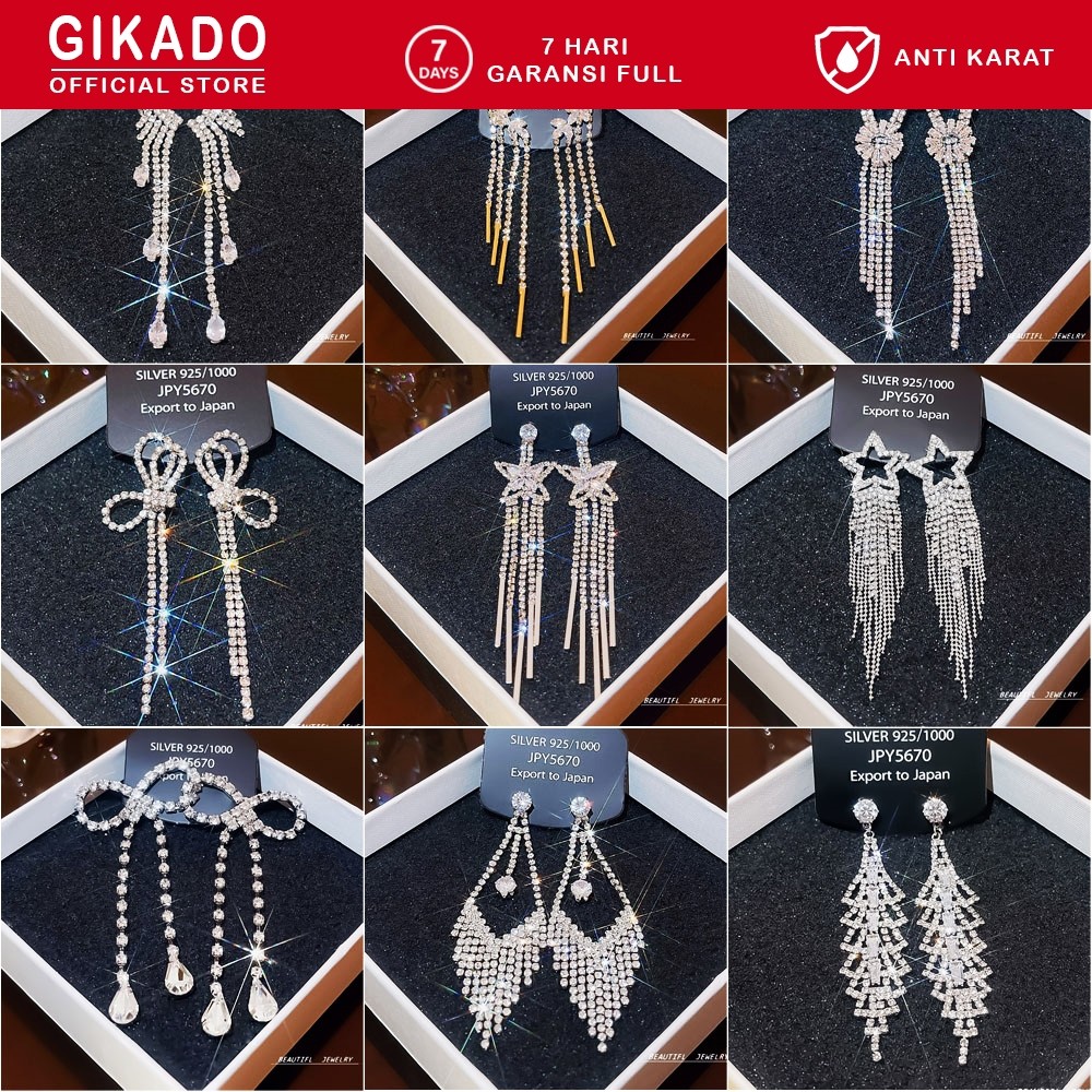 Gikado Anting Panjang Tusuk Silver S925 Perak Asli Wanita Zircon