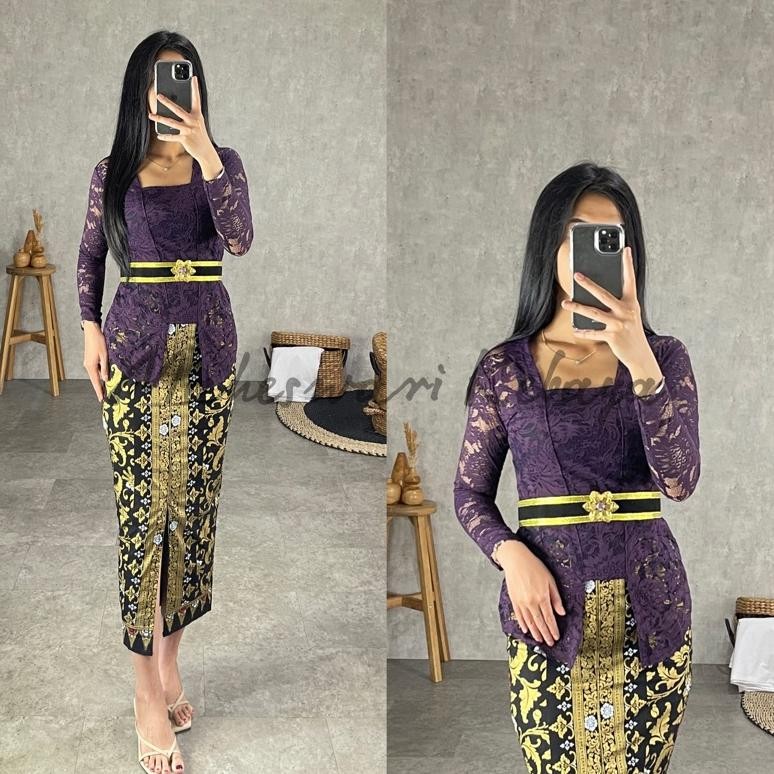 Ready Kebaya Bali Set Brukat Panjang Ungu Juwet