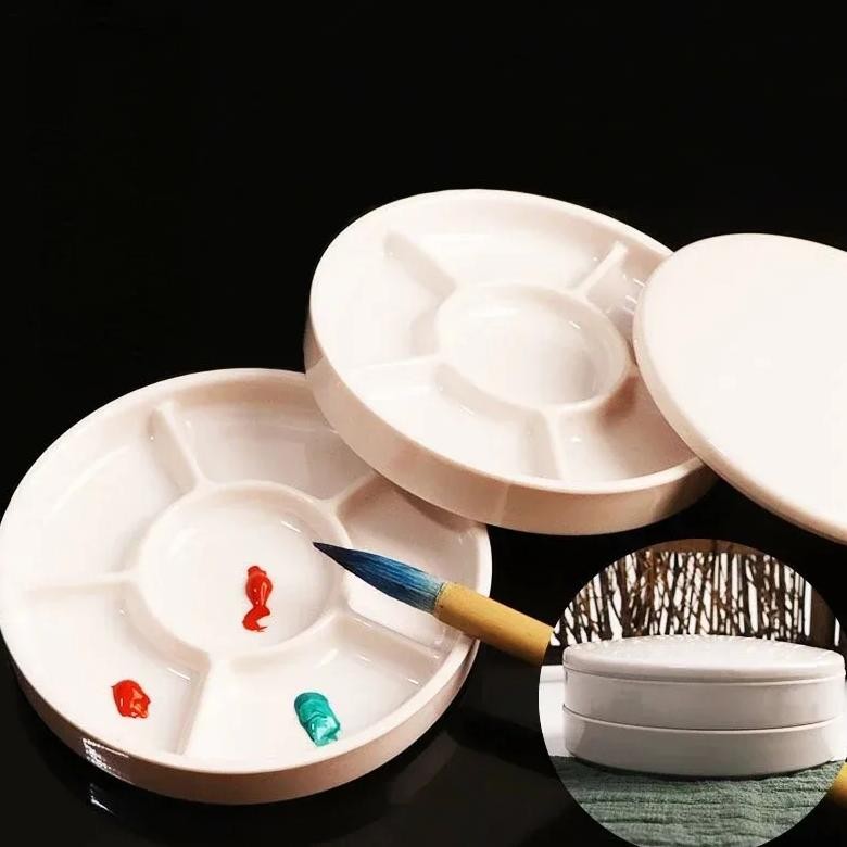 

Imitation Porcelain Round Palette With Lid Acrylic Watercolor Painting Multifunctional White Paint Tray Artist Supplies