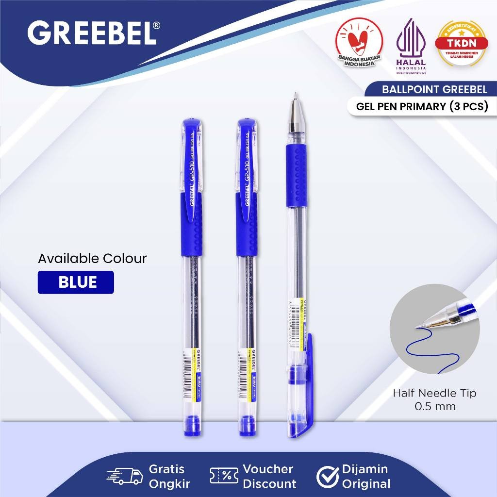 

GREEBEL PULPEN GEL / GEL PEN GP- 510 Primary 0.5 Biru(3PCS/SET) / Ballpen Gel Ballpoint Bolpen Bolpoin Pena Gel