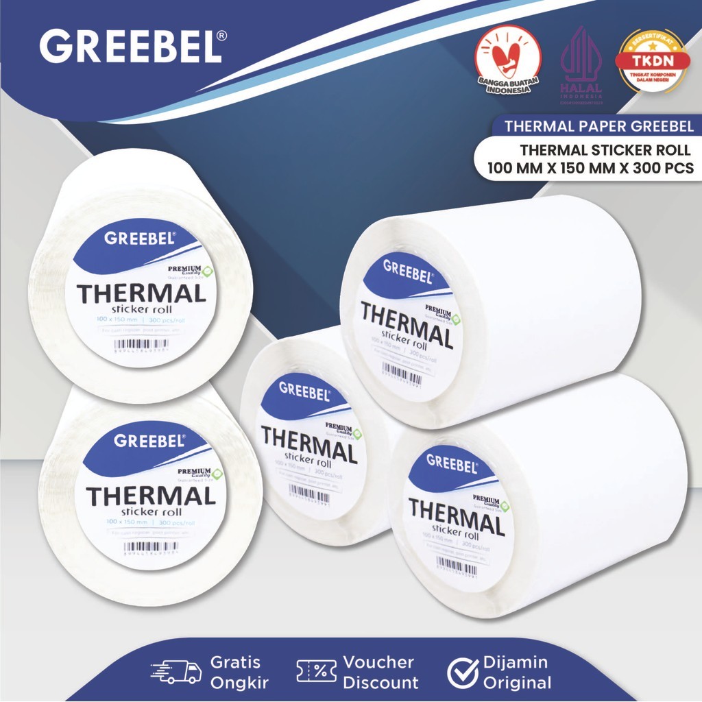 

GREEBEL Label Stiker Thermal Roll Isi 300pcs 100x150mm Waterproof / Label Kertas Barcode Tidak Luntur Lem Kuat / Sticker Label Continuous / Satuan & Grosir