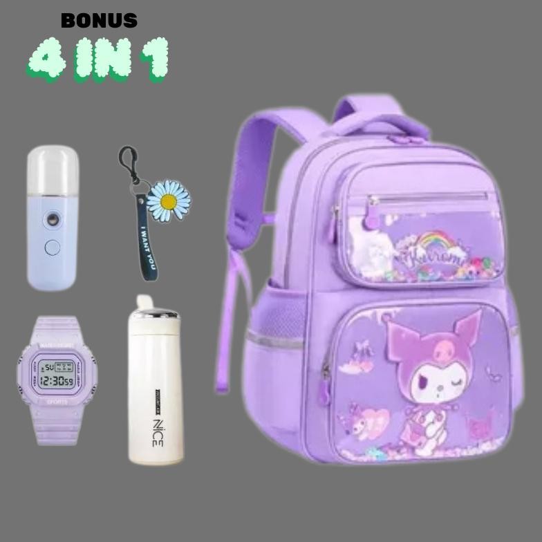 READY STOK Ransel Anak Sekolah Murah Motif Kuromi Free Bonus Botol Jam Tangan Nano Spray Dan Gantung