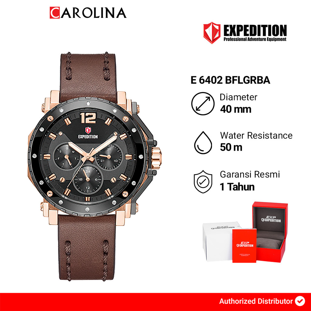 Jam Tangan Wanita Expedition EXP Chronograph E 6402 BFLGRBA Black Dial Brown Leather Strap