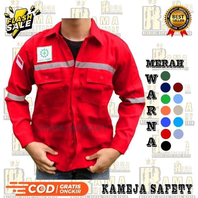 Kameja Kerja Safety K3 Katun Poliester Wearpack Pria Panjang Merah Baju Celana baju polos