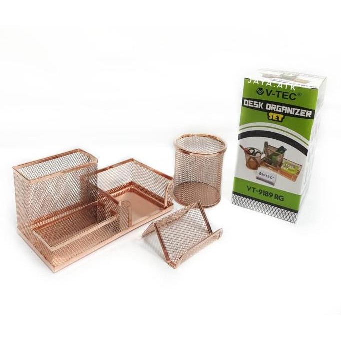 

JUAL TEMPAT PULPEN ALAT TULIS MEJA JARING BESI ROSE GOLD SET 3 VT-9189