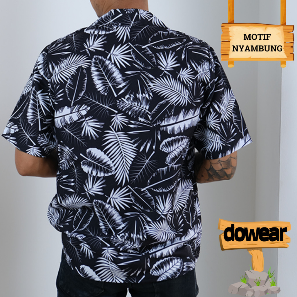 Dowear Baju Kemeja Motif Kekinian Cowok Cewek Bali Pantai Surfing Hawai Jumbo DAUN HITAM 193