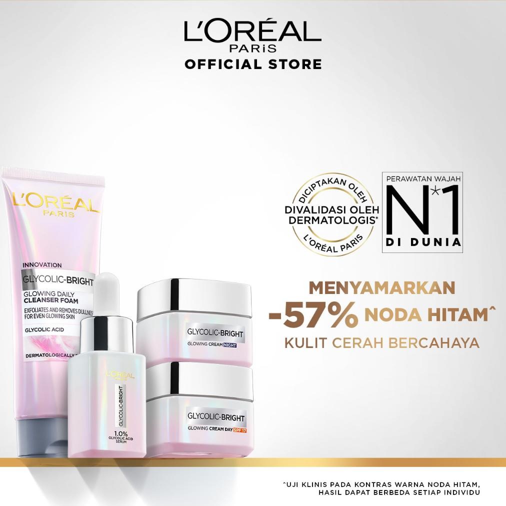 LOreal Paris Glycolic Bright Glowing 4 Pcs Skincare Kit Untuk Mencerahkan: Serum, Moisturizer, Facia