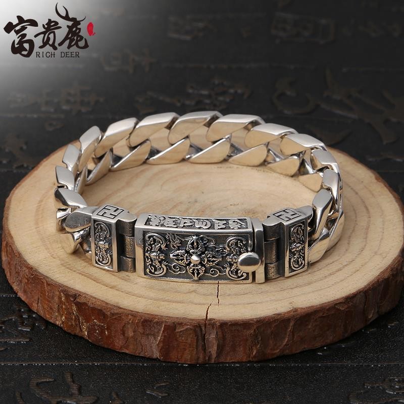 Gelang Pria Six Kata Mantra Silver#Vajra s925Gelang Buddha Antik Perak Sterling