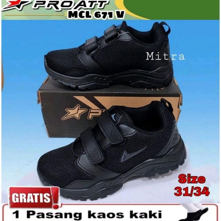 Pro Att Sepatu Sekolah Anak Laki-Laki Perempuan Black White Perekat Tali Sol Karet Original 31 Sd 38
