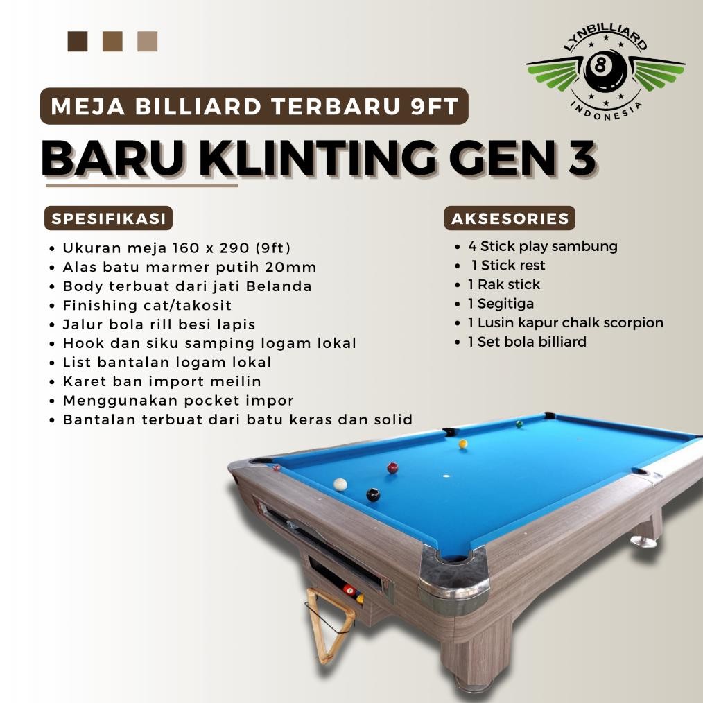 MEJA BILLIARD BARUKLINTING GEN 3 MEJA BILLIARD 9FT TERBARU
