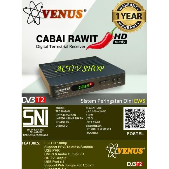 RECEIVER TV SET TOP BOX VENUS BRIO DVB T2 DIGITAL GARANSI 1 TAHUN