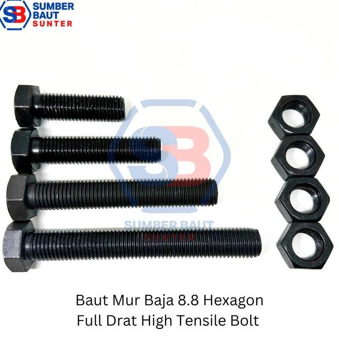 new M20x150 Baut Mur Baja 8.8 FULL DRAT Hitam Hex HTB High Tensile 20x150