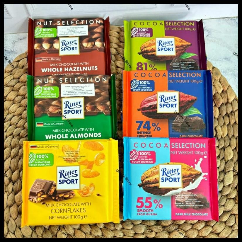 

COKELAT SULTAN RITTER SPORT GERMAN PEPPERMINT,ALPINE,CORNFLAKES,ALMOND,HAZELNUTS,COCOA 100 GR