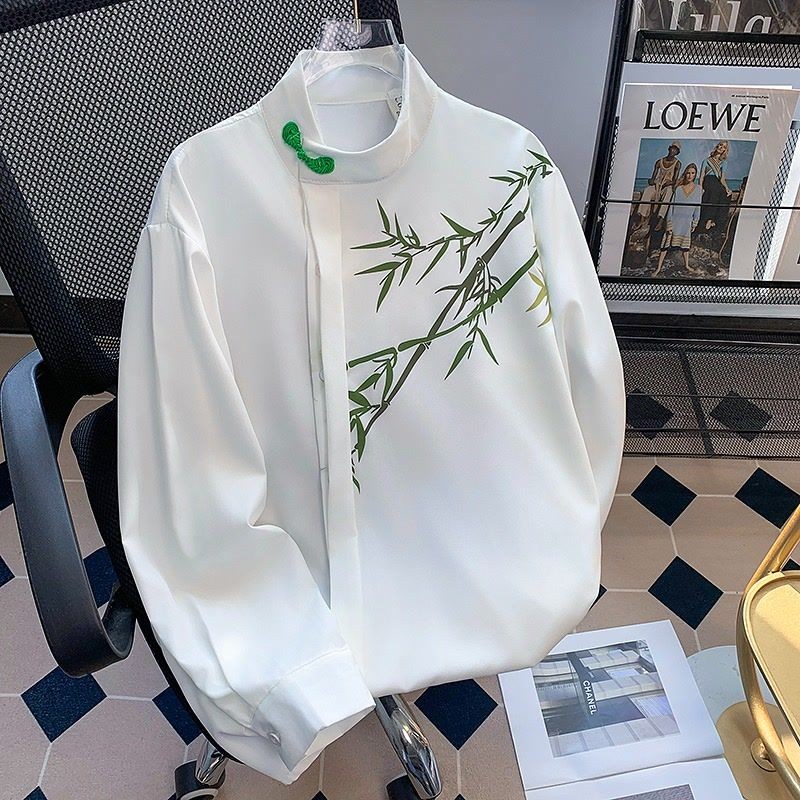 Kemeja Lengan Panjang Pria Berkualitas Tinggi Gaya Cina Baru dengan Bordir Kancing  Jaket Kemeja