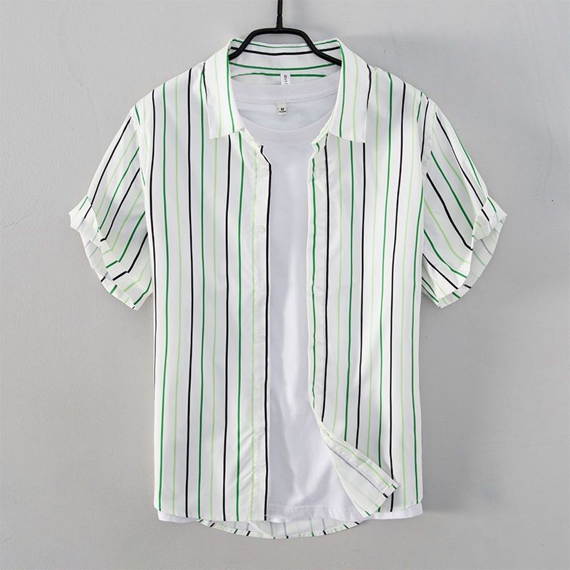 Kemeja Kasual Pria Lengan Pendek Bergaris Leher Persegi Segar dan Bergaya