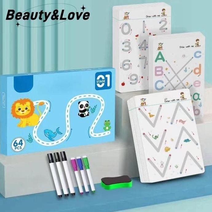 

les 64 Pages Reusable Magic workbook/Magic Workbook belajar menulis Buku Edukasi Anak/activity book / dot reusable pen Pena Stationery