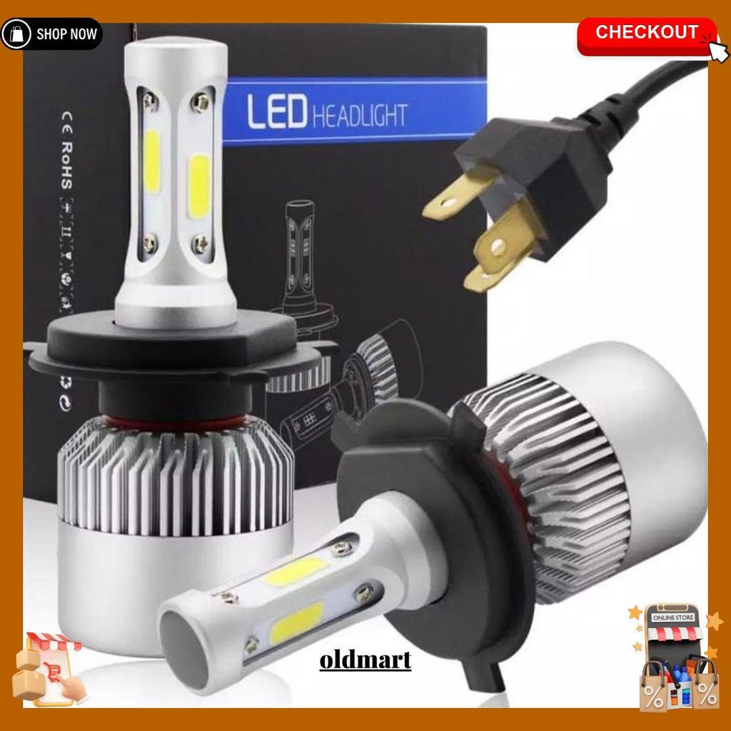 (2 Pcs). Lampu 2 Led H4 72W Cob Terang Hemat Enegri Tahan Lama Ada Kipasnya / Lampu Mobil / Led / H4
