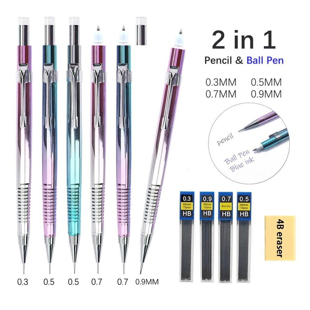 

2-In-1 Double Tips Ballpoint Pen And Mechanical Pencils 0.3/0.5/0.7/0.9Mm,1 Refills,1 Eraser,For Artist Drawing, Sketching