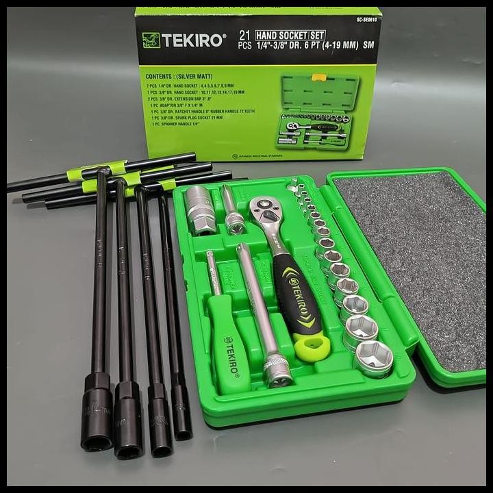 Tekiro Paket Bengkel Kunci Sok 21 Pcs Tekiro + Kunci Ring Pas 11 Pcs 8-24Mm + Kunci L 9 Pcs Sort Lon
