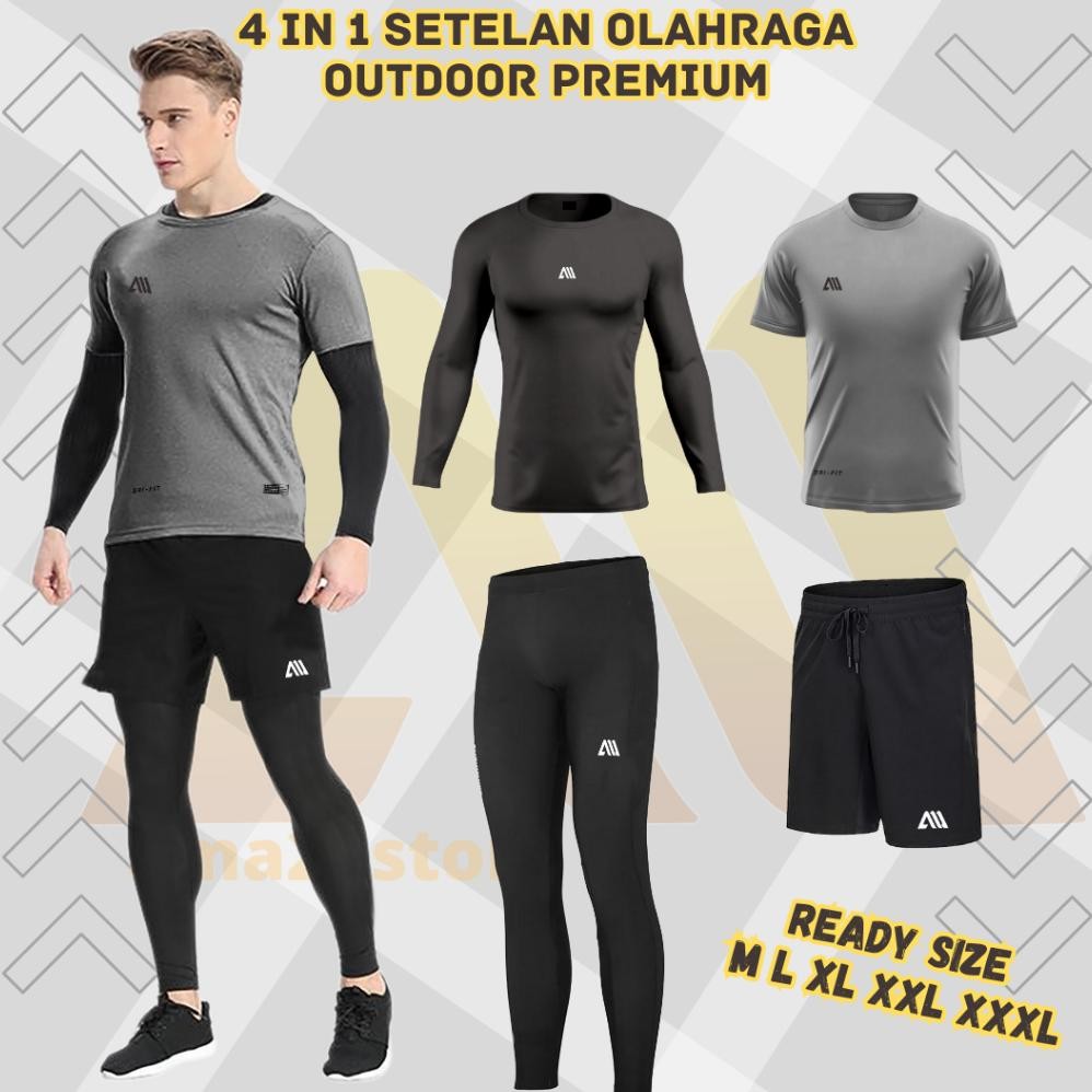 Full Set  4 in 1 Stelan Olahraga Pria Premium Manset Baju Futsal Running {ABU}