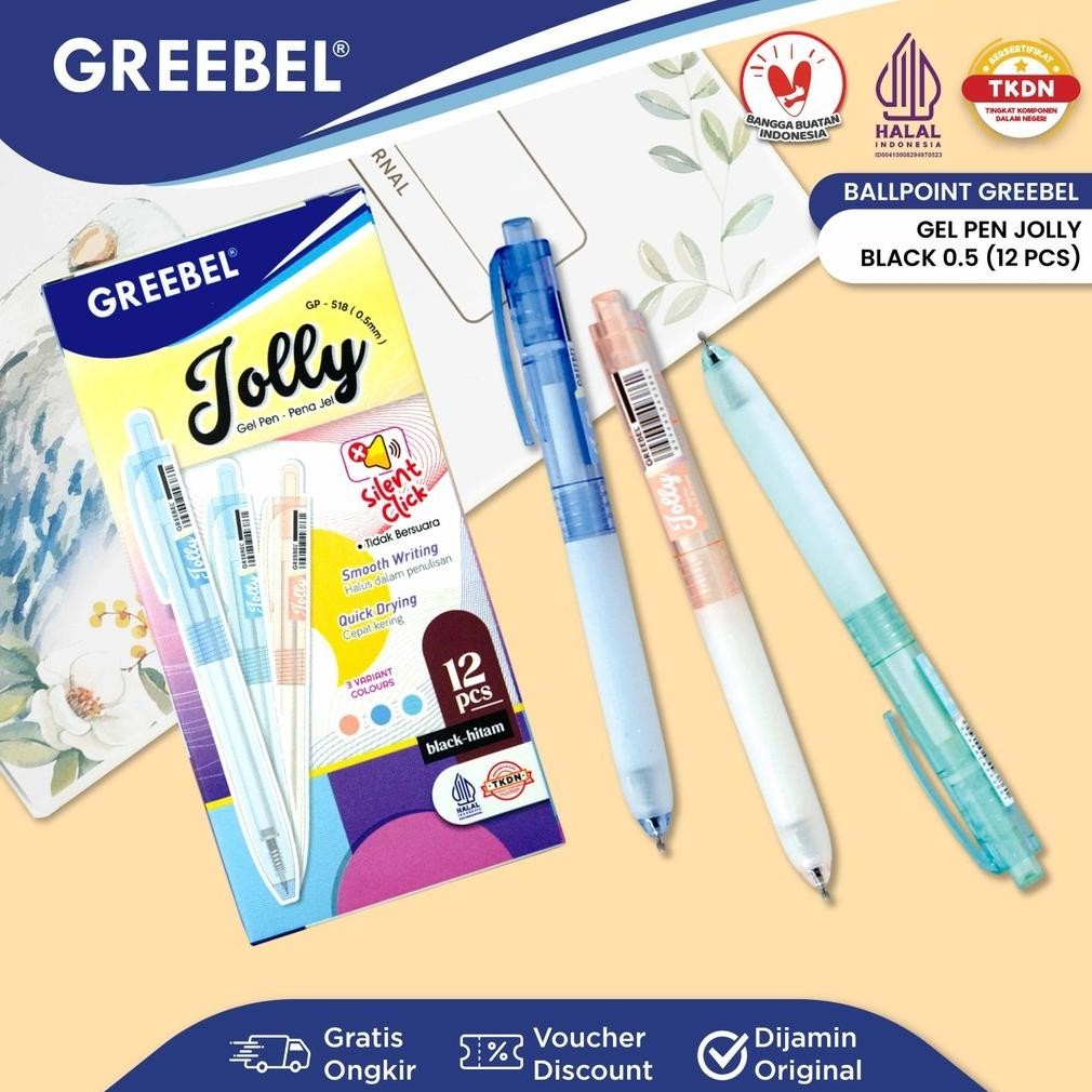 

GREEBEL Pulpen Gel / Gel Pen Jolly GP-518 0.5 Hitam (12PCS/SET) / Pulpen Lucu Pastel