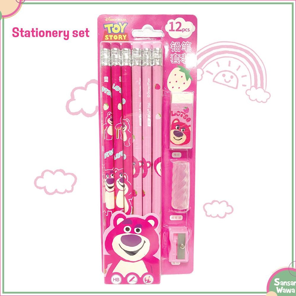 

Stationery set / set alat tulis pensil HB 12 pcs, penghapus, serutan, tutup pensil Karakter Mickey, Spiderman, Lotso