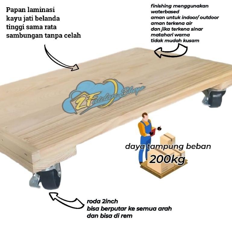 papan troly kayu jati belanda alas papan kayu dengan roda 2inch alas lemari kayu dengan roda