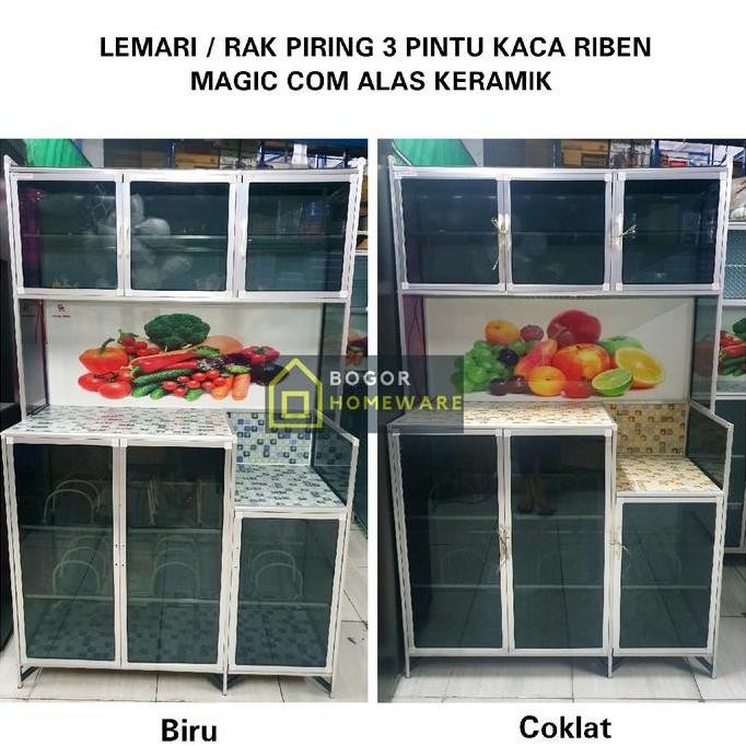 Miliki (Khusus Bogor) Rak Piring / Lemari Piring 3 Pintu Mc Kaca Riben Alas Keramik