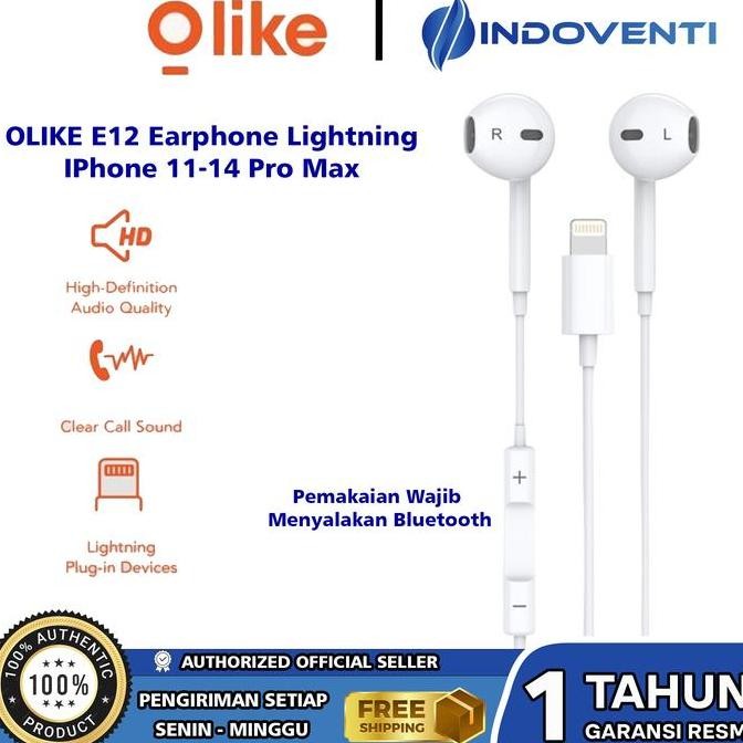 Olike E12 Kabel Earphone Iphone 11 12 13 14 Pm Wired Lightning Headset Handsfree Musik + Call Mic Ne