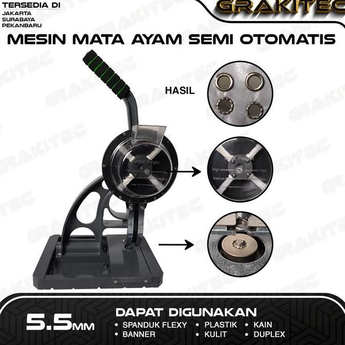 

Mesin Semi Otomatis 10 & 5.5mm Mata Ayam / Itik / Press Plong Banner Grakitec