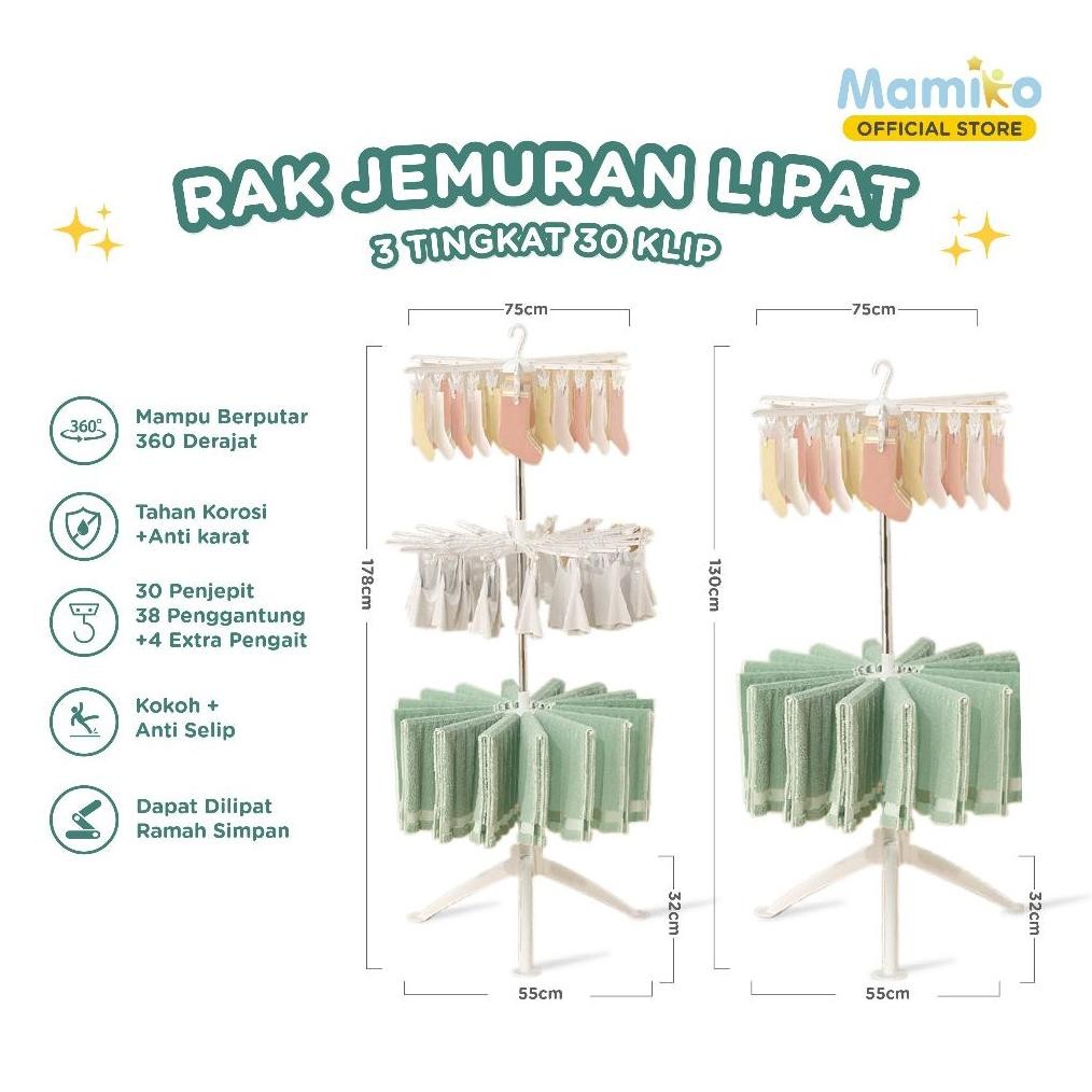 MAMIKO RAK JEMURAN 3 TINGKAT 30 KLIP | JEMURAN BAJU BAYI LIPAT | MULTIFUNCTIONAL FOLDING HANGER |  M