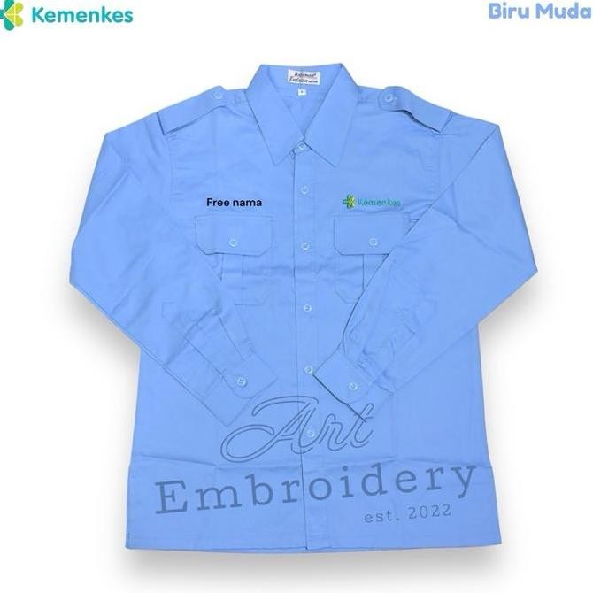 Tersedia Kemeja Seragam Kemenkes RI Warna Biru Muda Pria-wanita  Bahan American drill Lengan Panjang