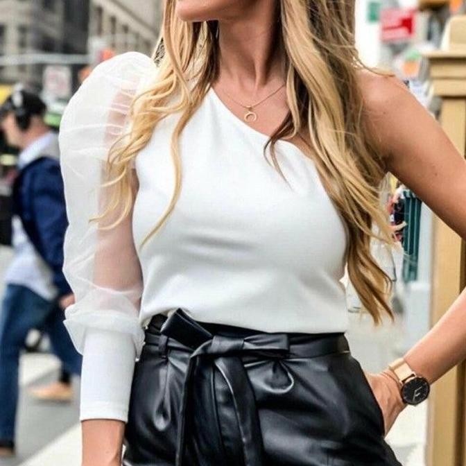 (Expert) Delisya One Shoulder Scuba Organdy Baju Atasan Wanita Tangan Balon Draped Brown