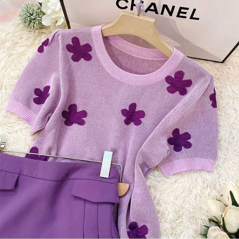 Taro Purple Puff Sleeve Knit Short Sleeve T T-shirt Blouse Small Shirt