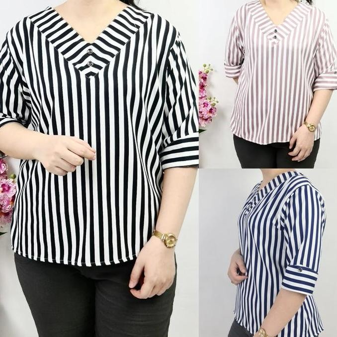 Tersedia LVL - Blouse Jumbo Wanita Keiva XXL Atasan Blus Bigsize Cewek Model Baru Kancing Kerah Nyam