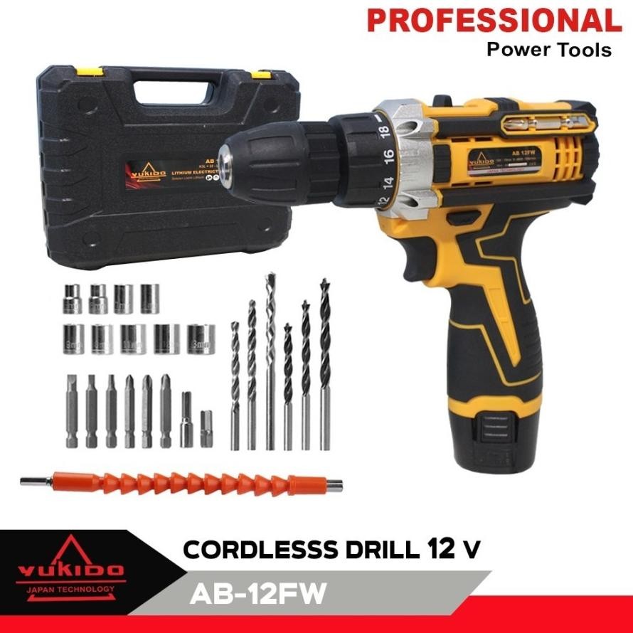 Carlosmomok12 100%( Ori )Yukido Yelow 12V   Mesin Bor Cordless Bor Listrik 2 Baterai Set - 12V  1 Ba