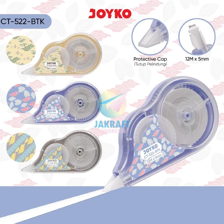 

(12 Pcs) GROSIR Correction Tape JOYKO CT-522-BTK Warna Batik Pastel Tip-X Tip Ex Pita 12 Meter isi Lebih Banyak Long Life | PACK