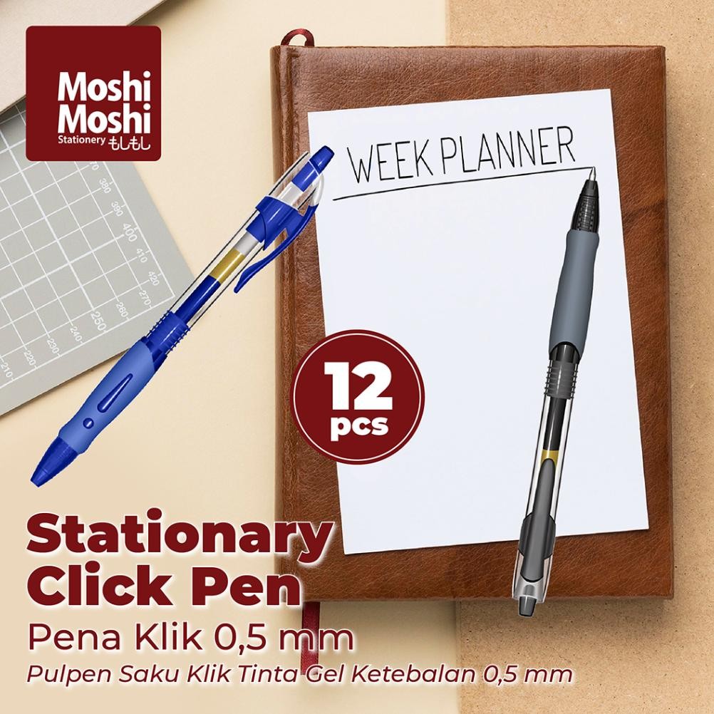 

12 PCS Stationary Click Pen Ink Gel 0,5 mm Pena Alat Tulis Pulpen Saku Cetek Tinta Warna - Black Gel