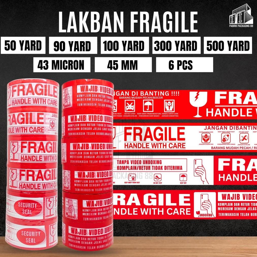 

1 SLOP / 6 PCS Lakban Fragile Merah Putih 4in1 Handle With Care 2 INCH Plakban Packing Jangan Dibanting AST