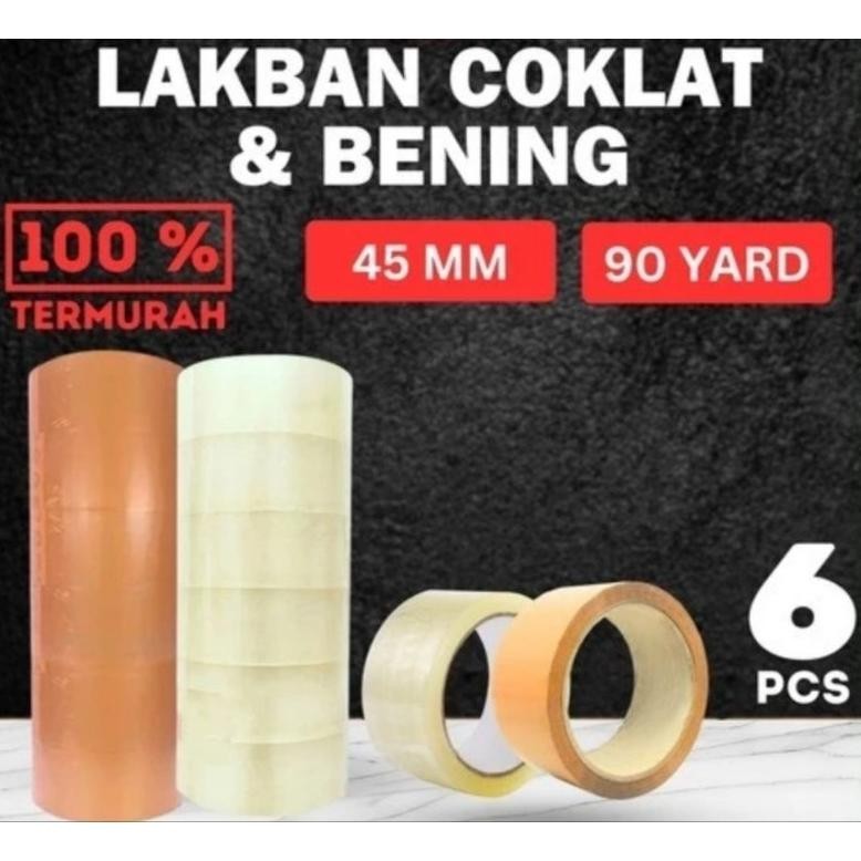 

Lakban bening dan coklat 45mm x 90yard paket 1 slop isi 6 pcs AST