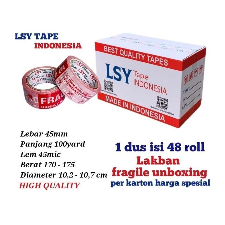 

lakban fragile unboxing mix LSY TAPE 45mm x 100yard 1 dus isi 48 roll ( CMH ) AST