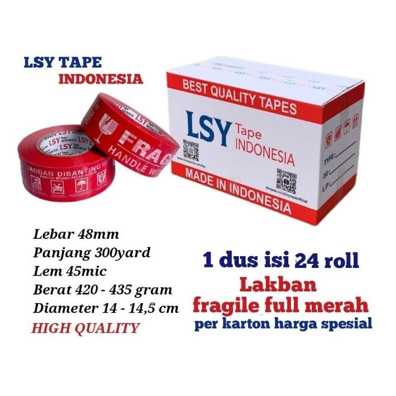 

lakban fragile full merah LSY TAPE 48mm x 300yard 1 dus isi 24 roll ( CMH ) AST
