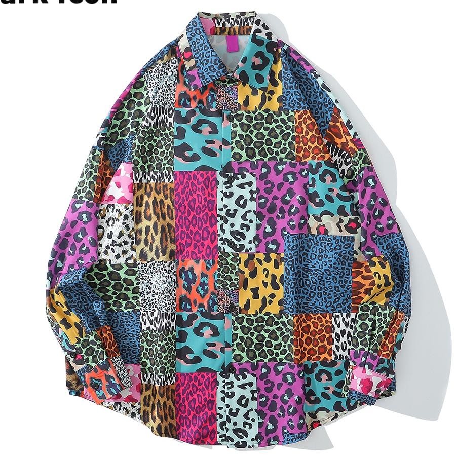 Dark Icon Leopard Overszied Kemeja Pria Motif Bunga Lengan Panjang Wanita Unisex