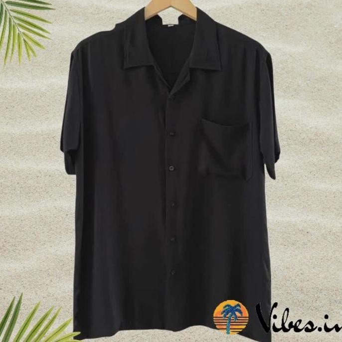 Kemeja Hawai Pantai Tropical Casual Pria Wanita Bsize Jumbo Polos Hitam
