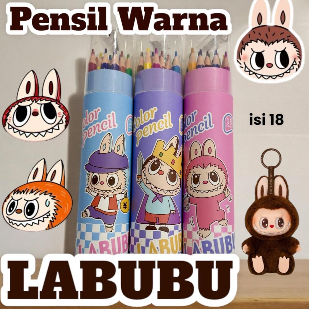 

Pensil Warna Anak Boneka LABUBU Monster Tabung isi 18 Pcs Free serutan gambar 1 Tabung warna warni AST
