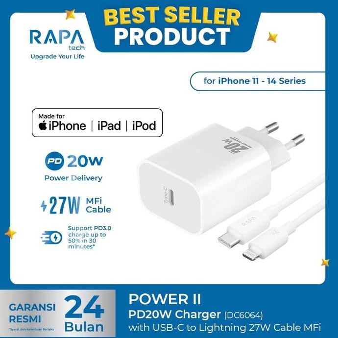 Rapatech Power Ii Charger Iphone 11 12 13 14 15 (Pd 20W) Mfi Kabel C To Lightning Dc6064 Charger Mfi