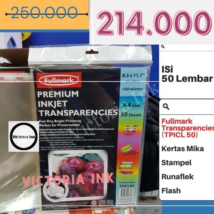 

Kertas Mika Transparan Fullmark Premium Inkjet Transparencies TPICL50