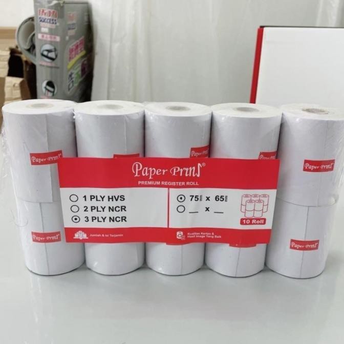 

Kertas Struk Kasir Telstruk / Register Roll Paperpryns 3 Ply NCR 75x65 mm - 1 pack isi 10 roll AST