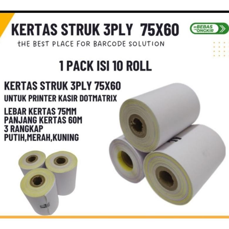

Kertas kasir 3ply 75x60mm paket 10 Roll untuk mesin printer Dotmatrik AST